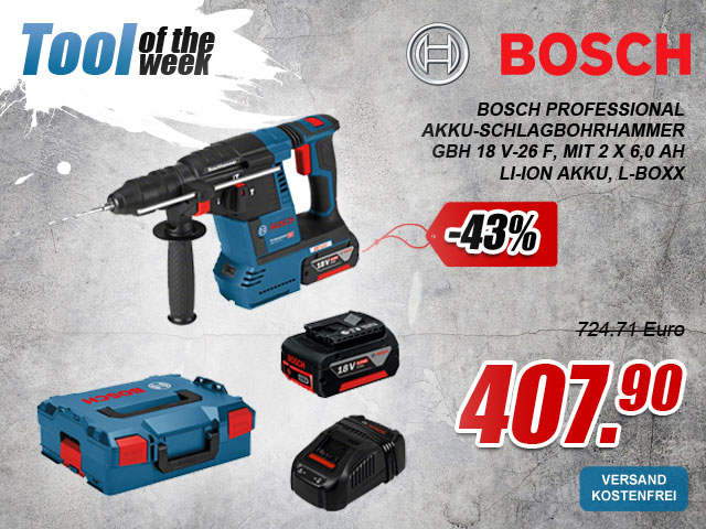Bosch Professional Akku-Schlagbohrhammer GBH 18 V-26 F, mit 2 x 6,0 Ah Li-Ion Akku, L-BOXX