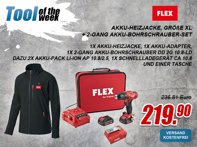 Flex Akku-Heizjacke in größe XL + 2-Gang Akku-Bohrschrauber im Set jetzt bei myToolStore.de