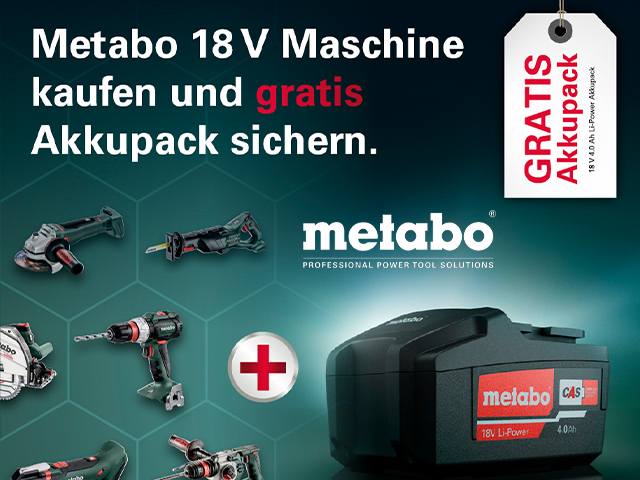 Metabo 18V Maschine kaufen und gratis Akkupack sichern.