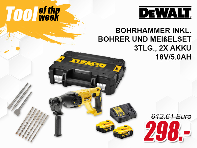 DeWALT Bohrhammer inkl. Bohrer und Meißelset 3tlg., 2x Akku 18V/5.0Ah - DCH133P2X