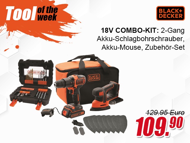 Black & Decker 18V Combo-Kit: 2-Gang Akku-Schlagbohrschrauber, Akku-Mouse, Zubehör-Set - BCK23S1SA41
